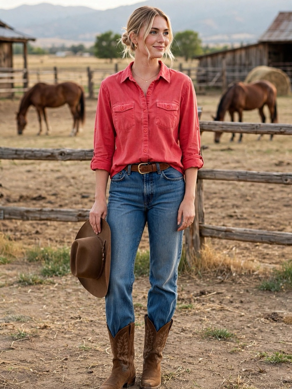 Yest Coral Button-Up Shirt Dual Chest Pockets Roll-Tab Sleeves Western | Size 6